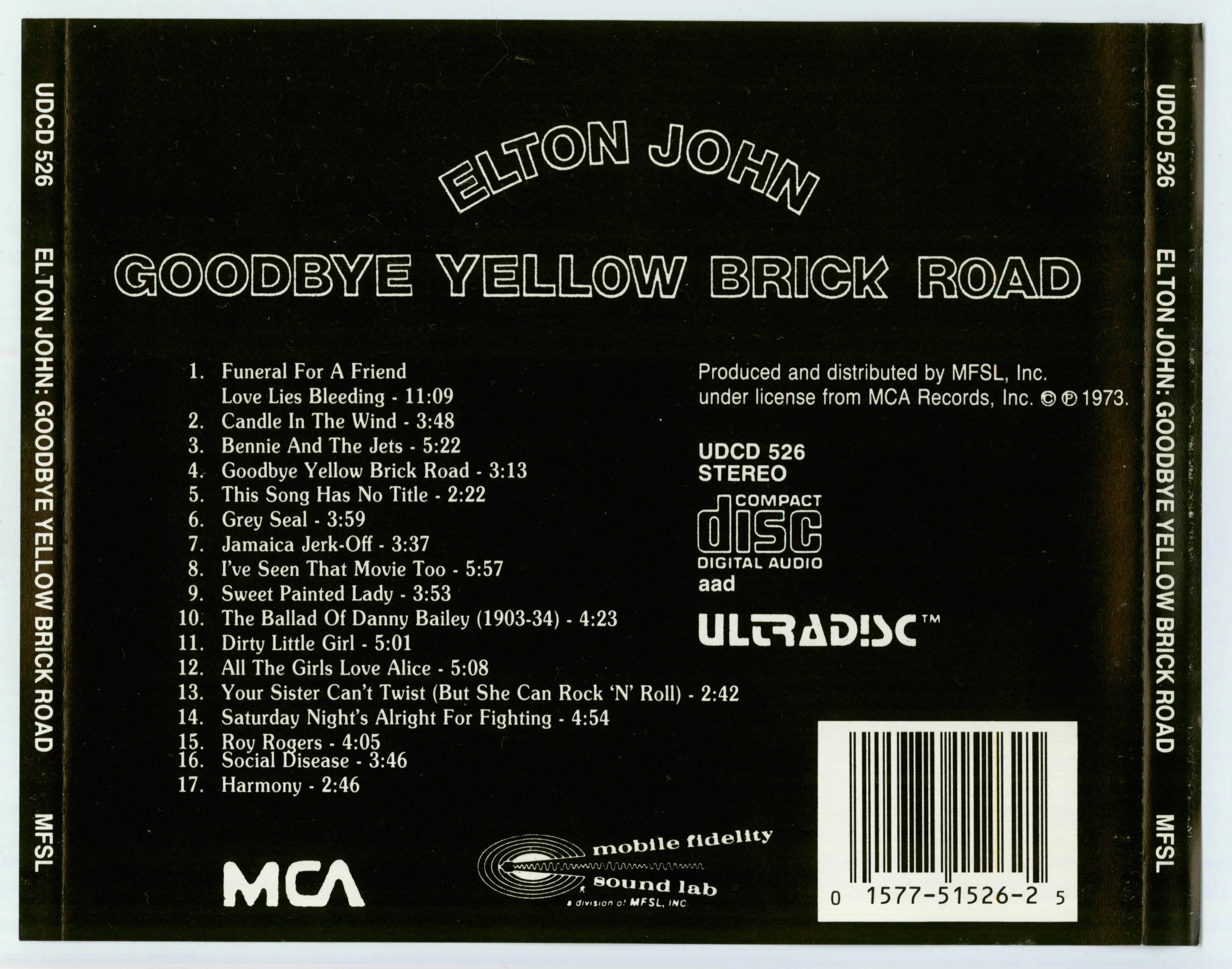 Elton John Goodbye Yellow Brick Road : Back US